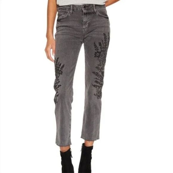 Free People Girlfriend Jeans Women Size 24 Gray Embroidered Cropped We The Free - Picture 4 of 10